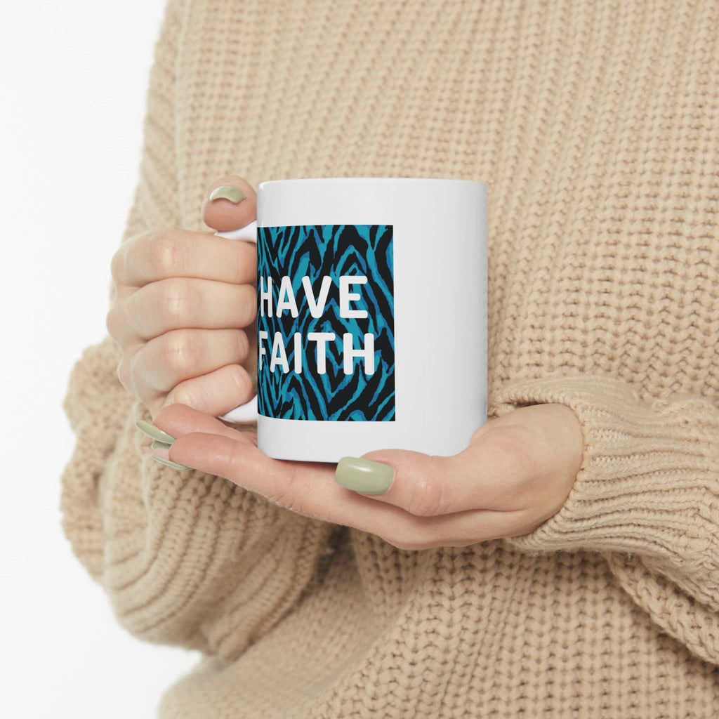 "Have Faith" mug with blue zebra print