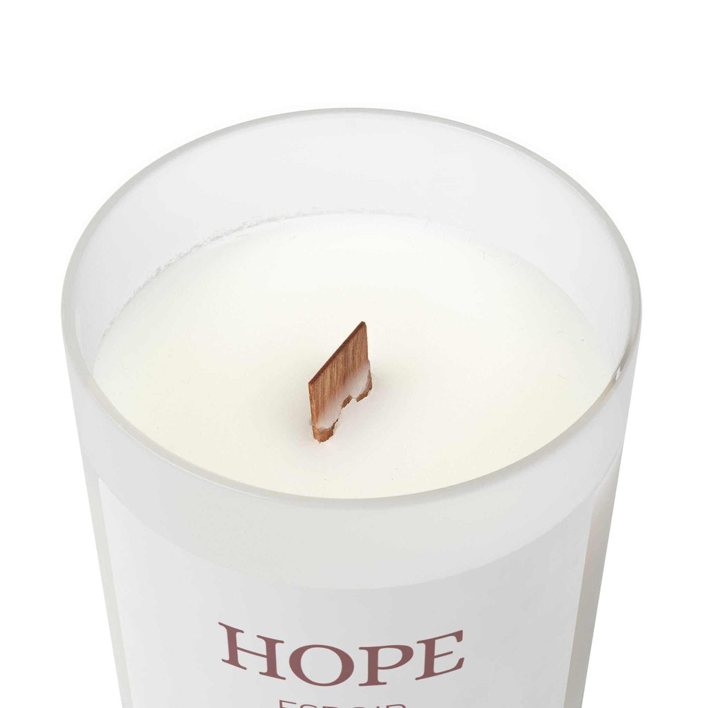 Hope Glass Candle with coconut soy blended wax, wooden wick, frosted glass vessel, and raw maple lid for 50-hour burn time