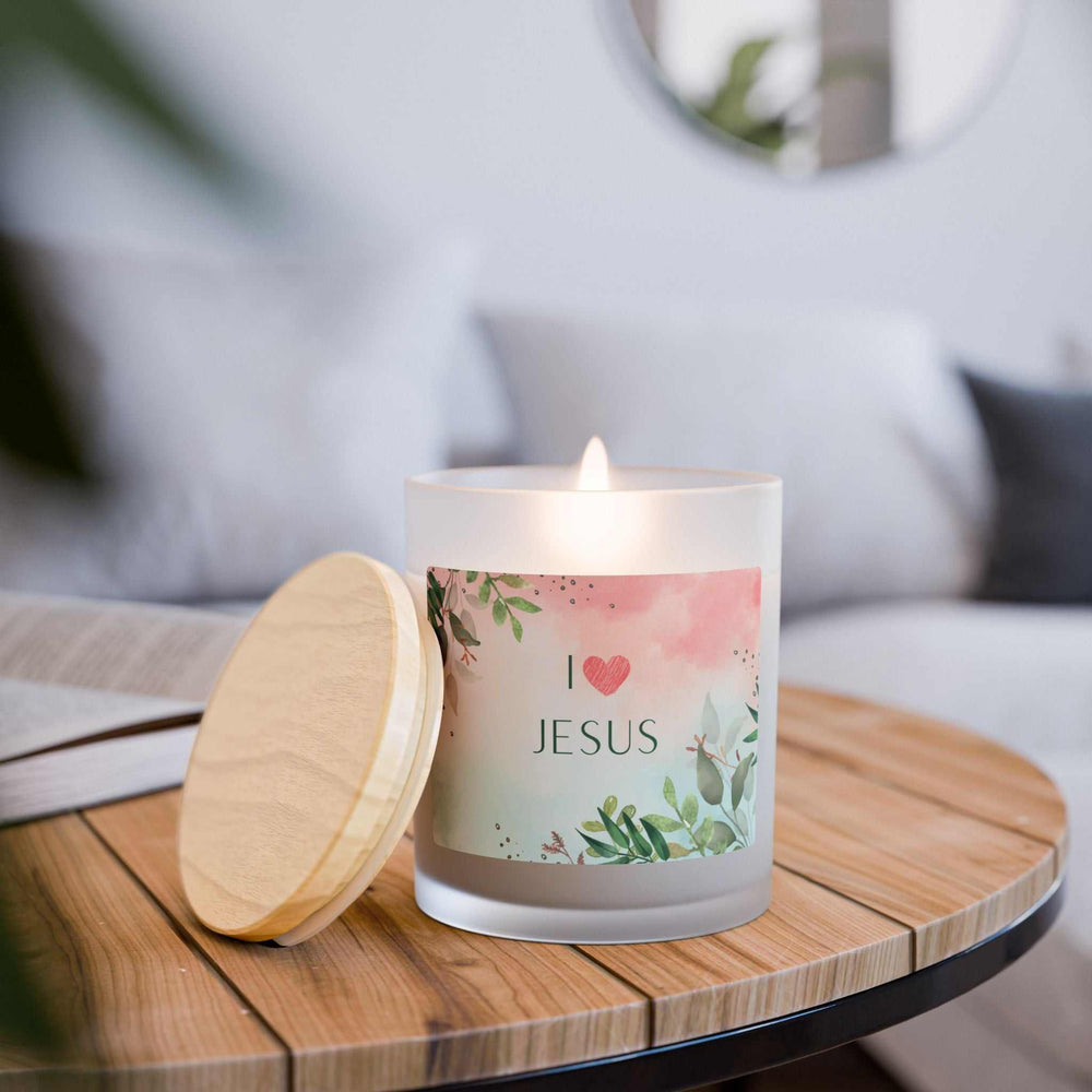 I Love Jesus glass candle with wooden wick in frosted glass jar and maple lid, natural off-white coconut soy wax, 50-hour burn time