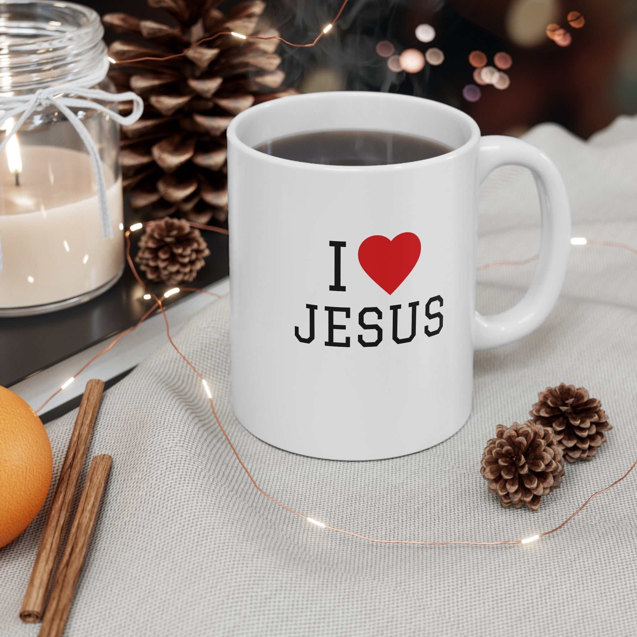I Love Jesus Mug design on soft unisex cotton t-shirt with classic crew neckline