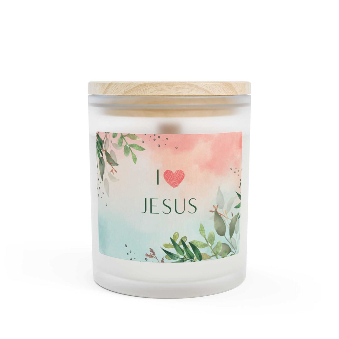 I Love Jesus glass candle with coconut soy wax, wooden wick, frosted glass, raw maple lid, 50-hour burn time