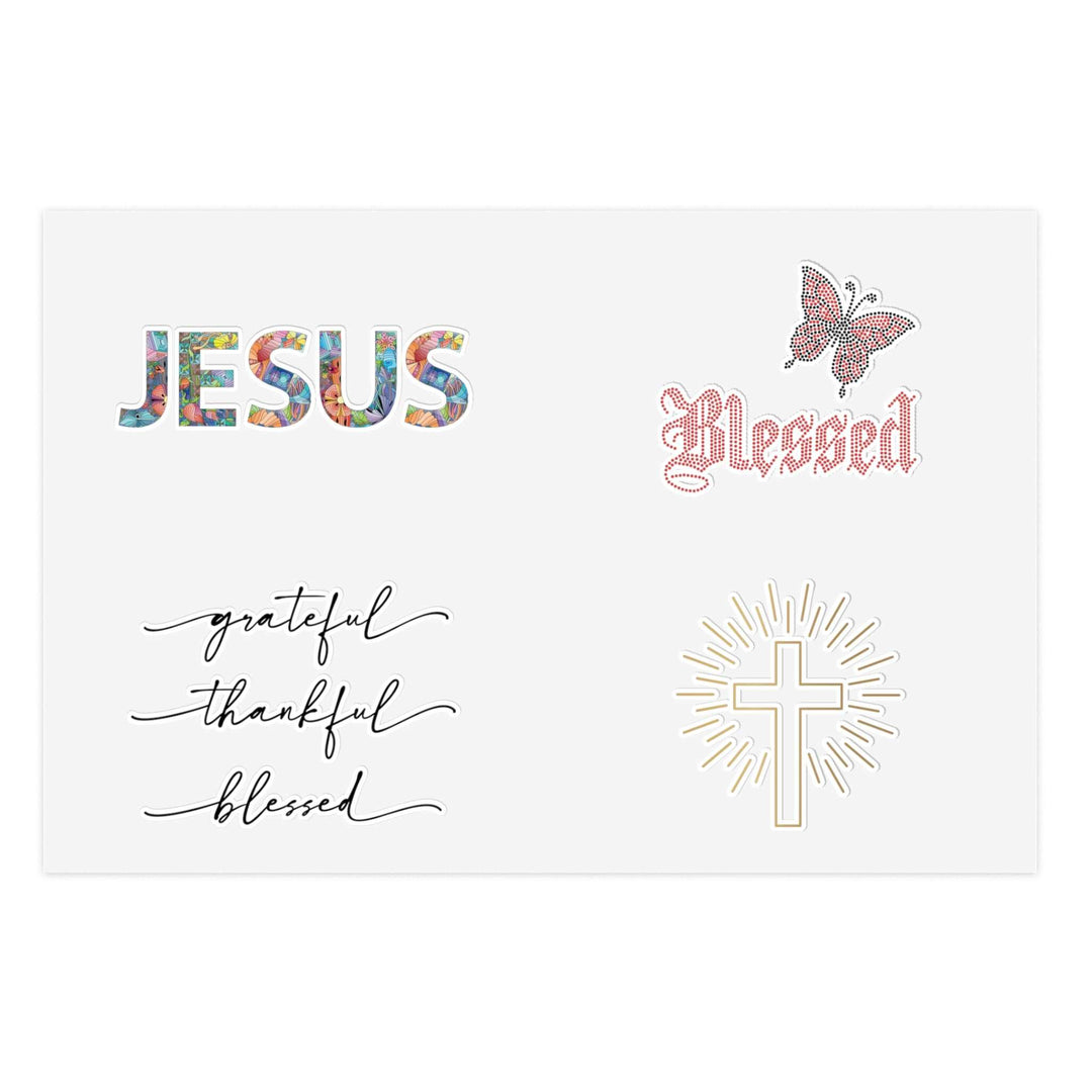 Inspirational vinyl sticker sheet with Jesus, Blessed, butterfly, and cross