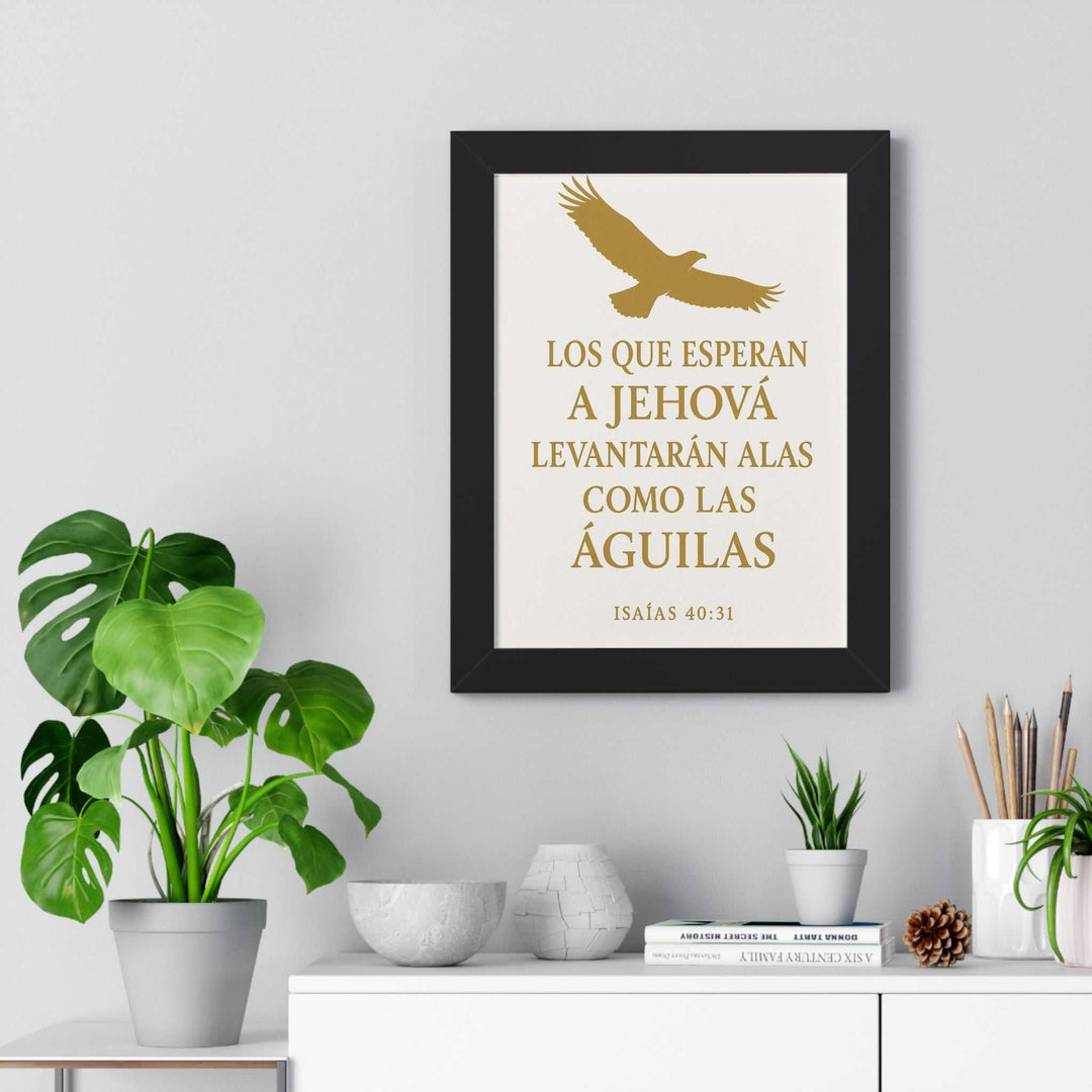 Isaías 40:31 Bible verse poster with eagle design in black frame on wall above white dresser with plants and decor
