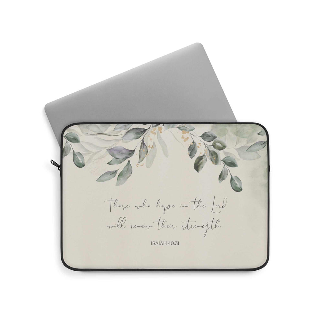 Isaiah 40:31 laptop sleeve with leaf design and inspirational scripture text