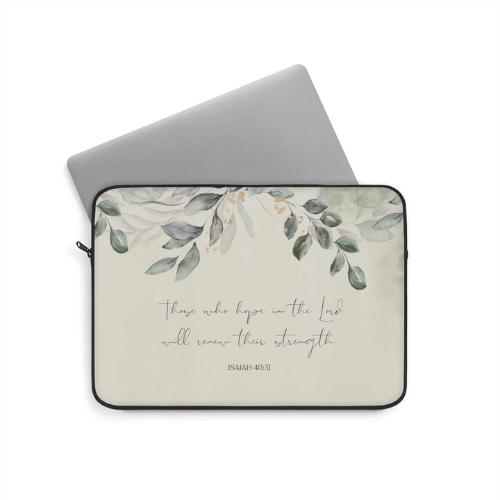 Isaiah 40:31 laptop sleeve with leaf design and inspirational scripture text