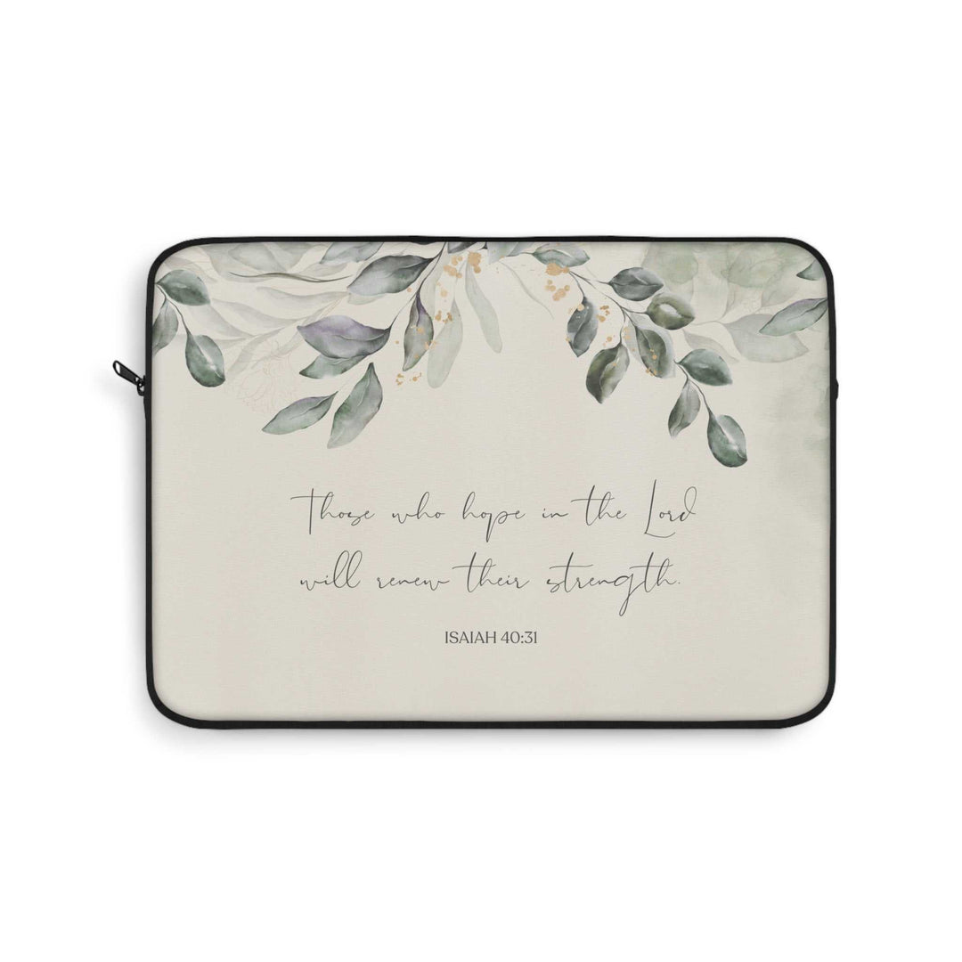 Isaiah 40:31 laptop sleeve with scripture quote and leafy design