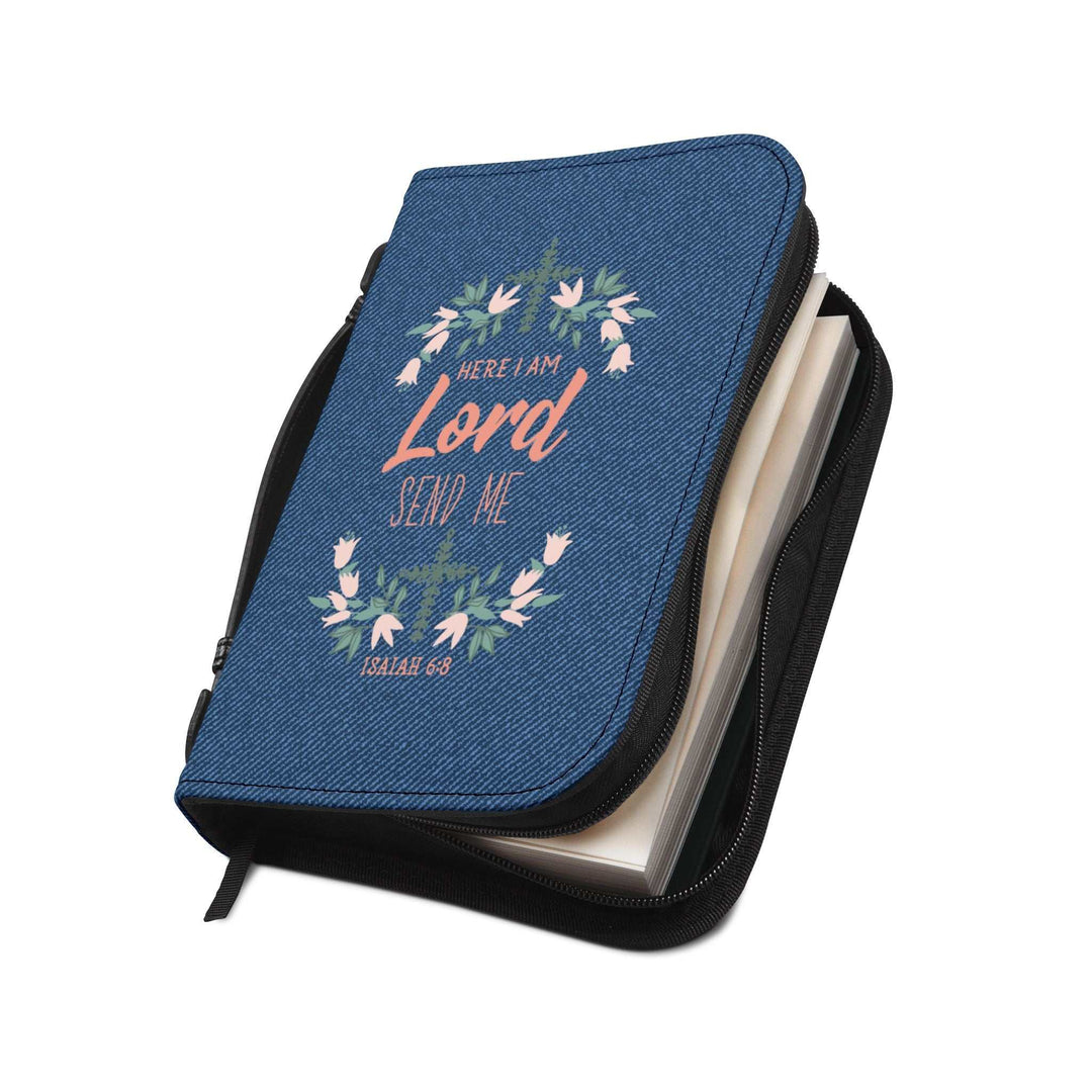 Isaiah 6:8 Bible cover with zipper and handle, navy blue floral design