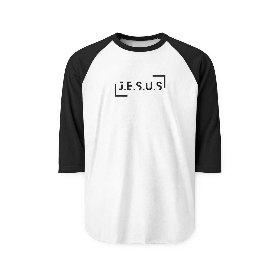 Jesus 3/4 sleeve raglan shirt with black sleeves and white body