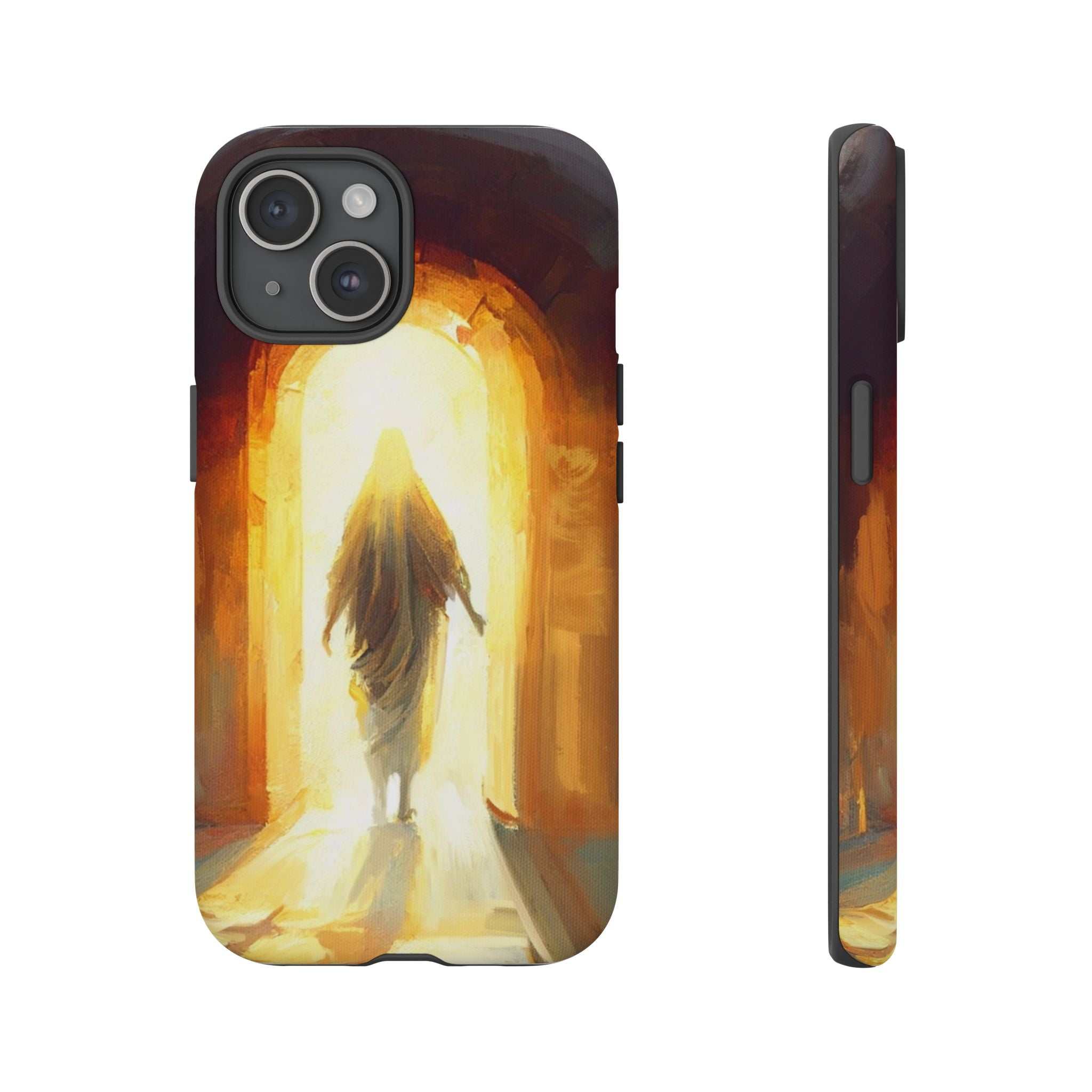 Jesus Christ Phone Case with glowing figure walking through archway