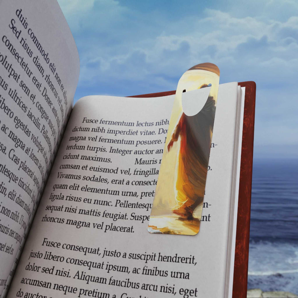 Jesus Christ aluminum bookmark with slot holding a page