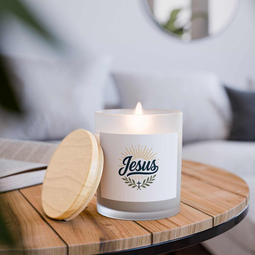 Jesus Glass Candle in frosted glass with wooden lid