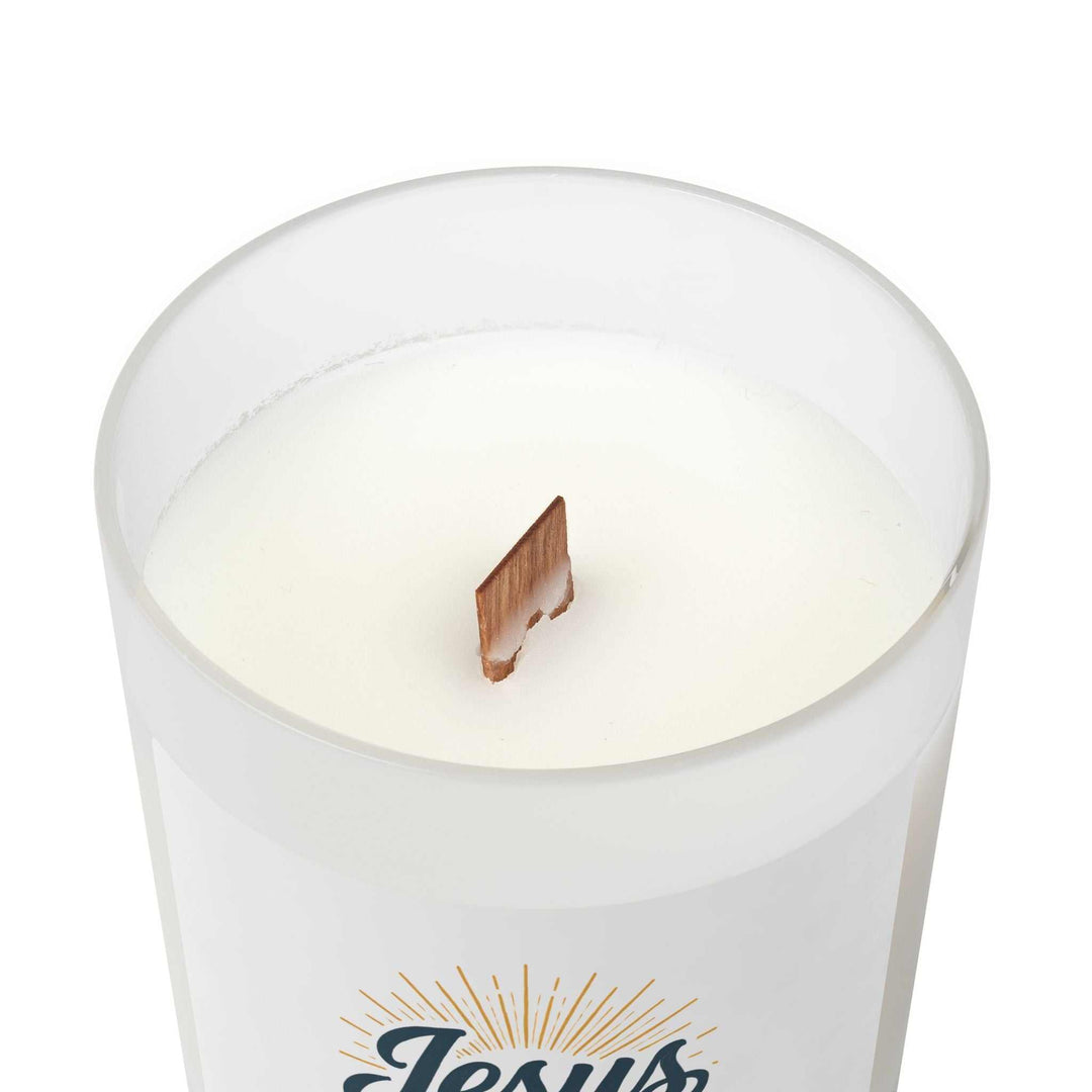 Jesus Glass Candle with natural off-white coconut soy wax