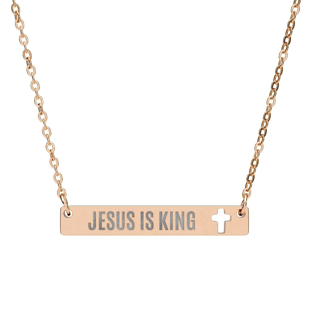 Jesus Is King Necklace with cutout cross bar in rose gold stainless steel