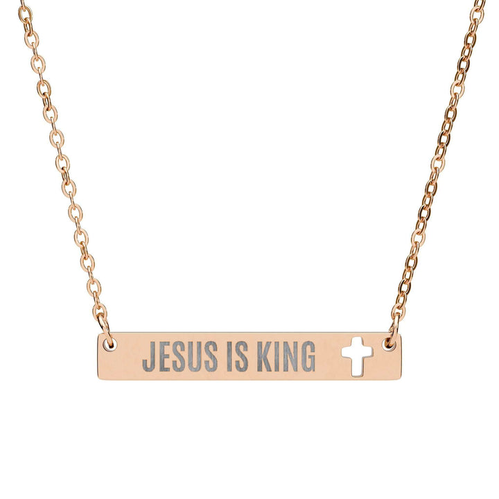 Jesus Is King Necklace with cutout cross bar in rose gold stainless steel