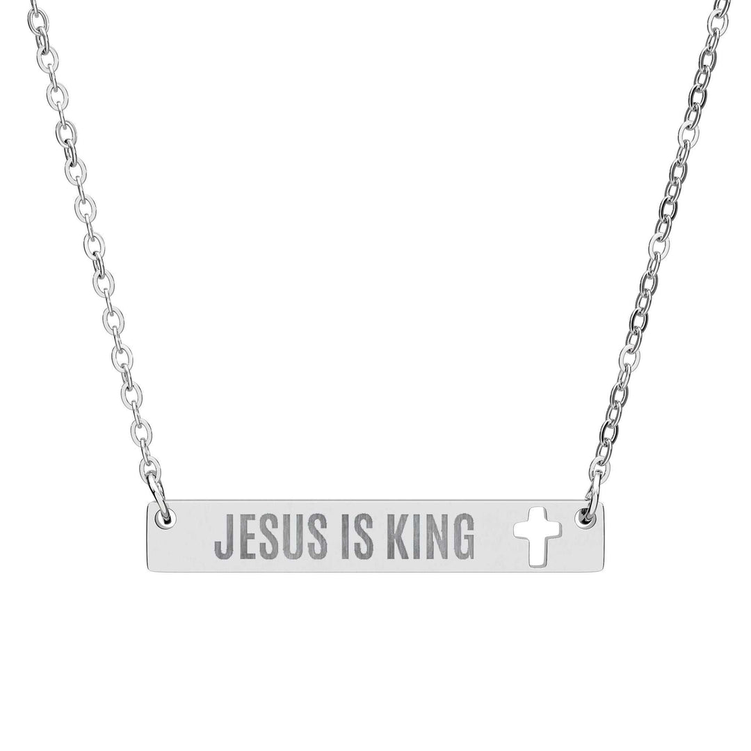Jesus Is King necklace with cutout cross bar in stainless steel