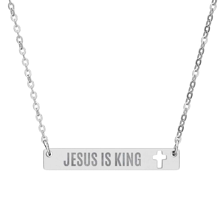 Jesus Is King necklace with cutout cross bar in stainless steel