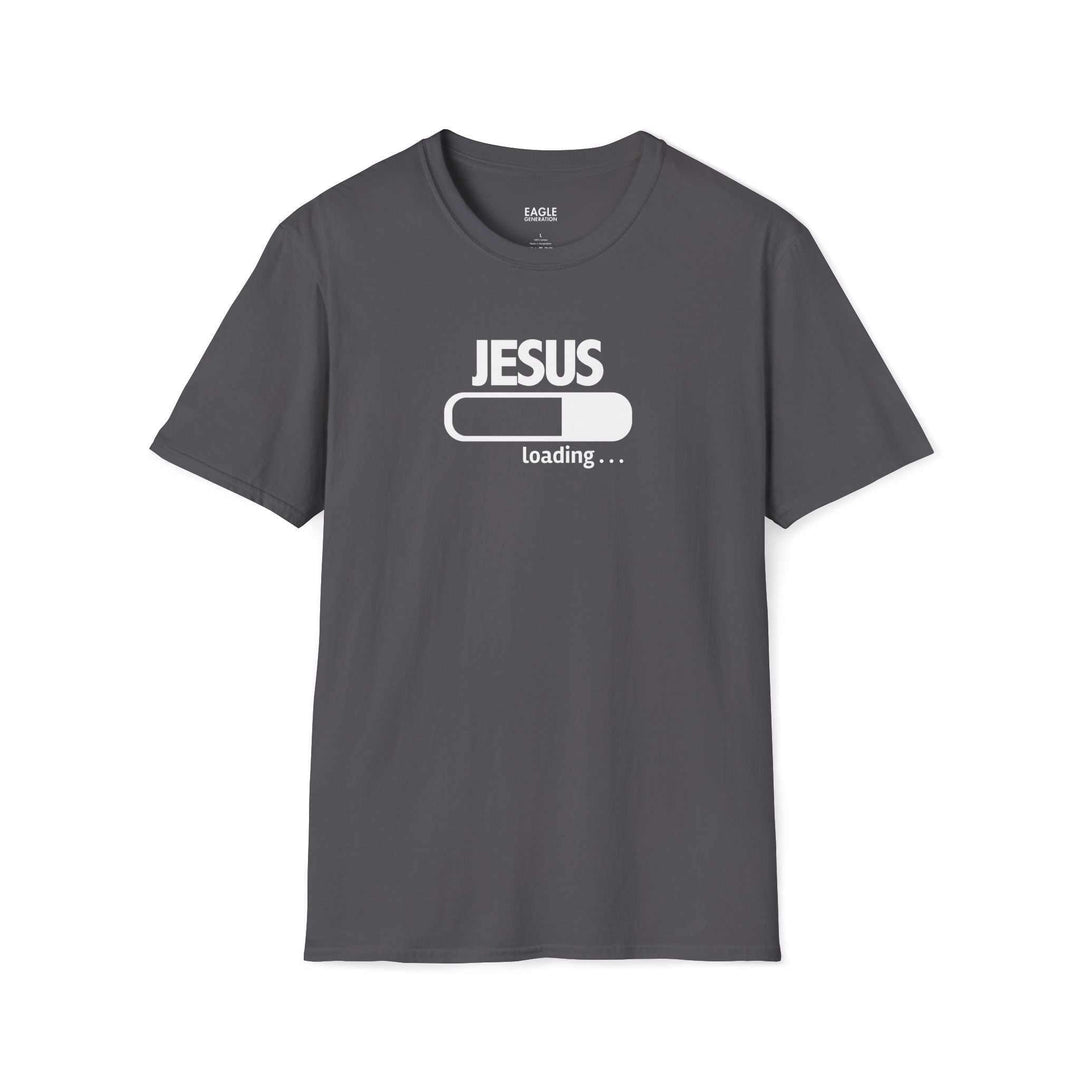 Jesus Loading T-Shirt in dark gray with white loading bar graphic