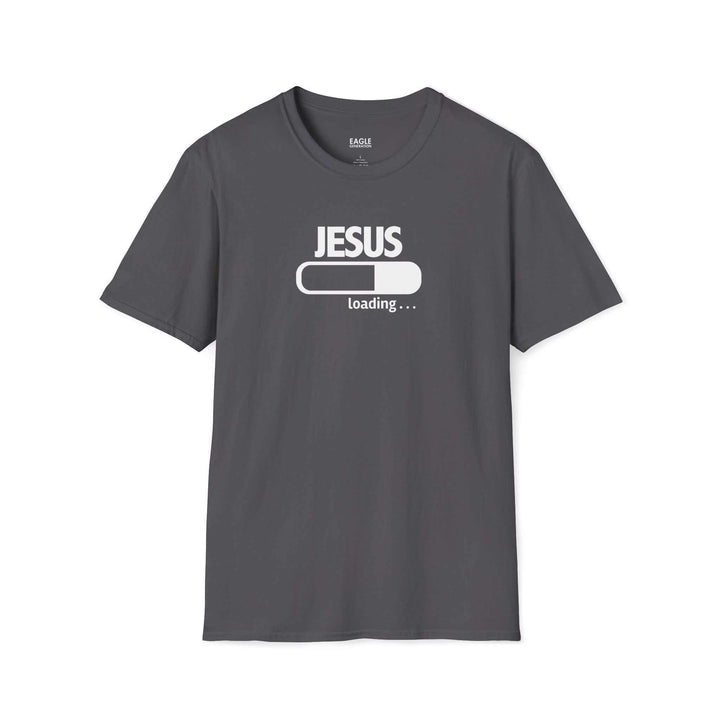 Jesus Loading T-Shirt in dark gray with white loading bar graphic