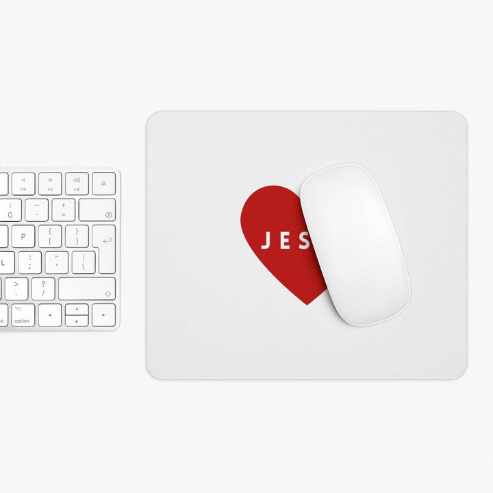 Jesus Mouse Pad with red heart design, non-slip rubber backing