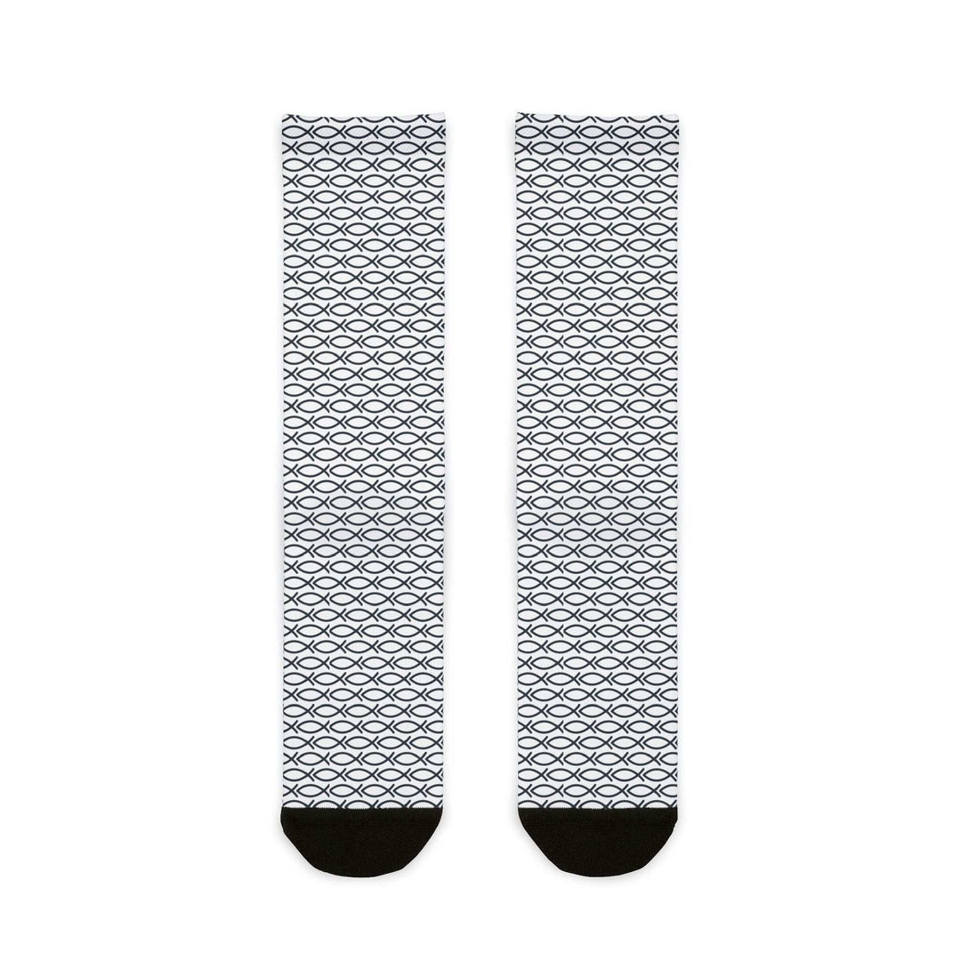 Jesus christian Fish Socks with black heel and toe accents
