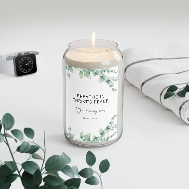 John 14:27 Candle burning with inspirational Bible verse