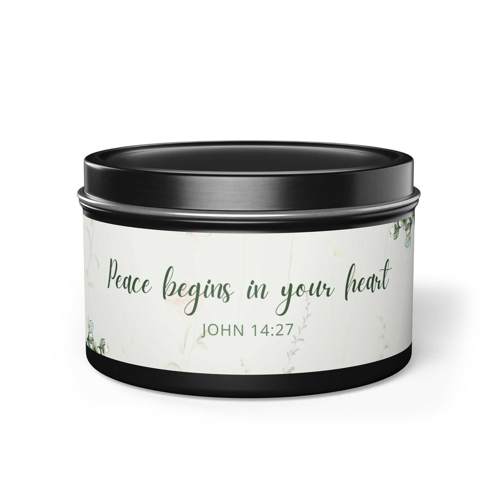 John 14:27 tin candle with "Peace begins in your heart" text