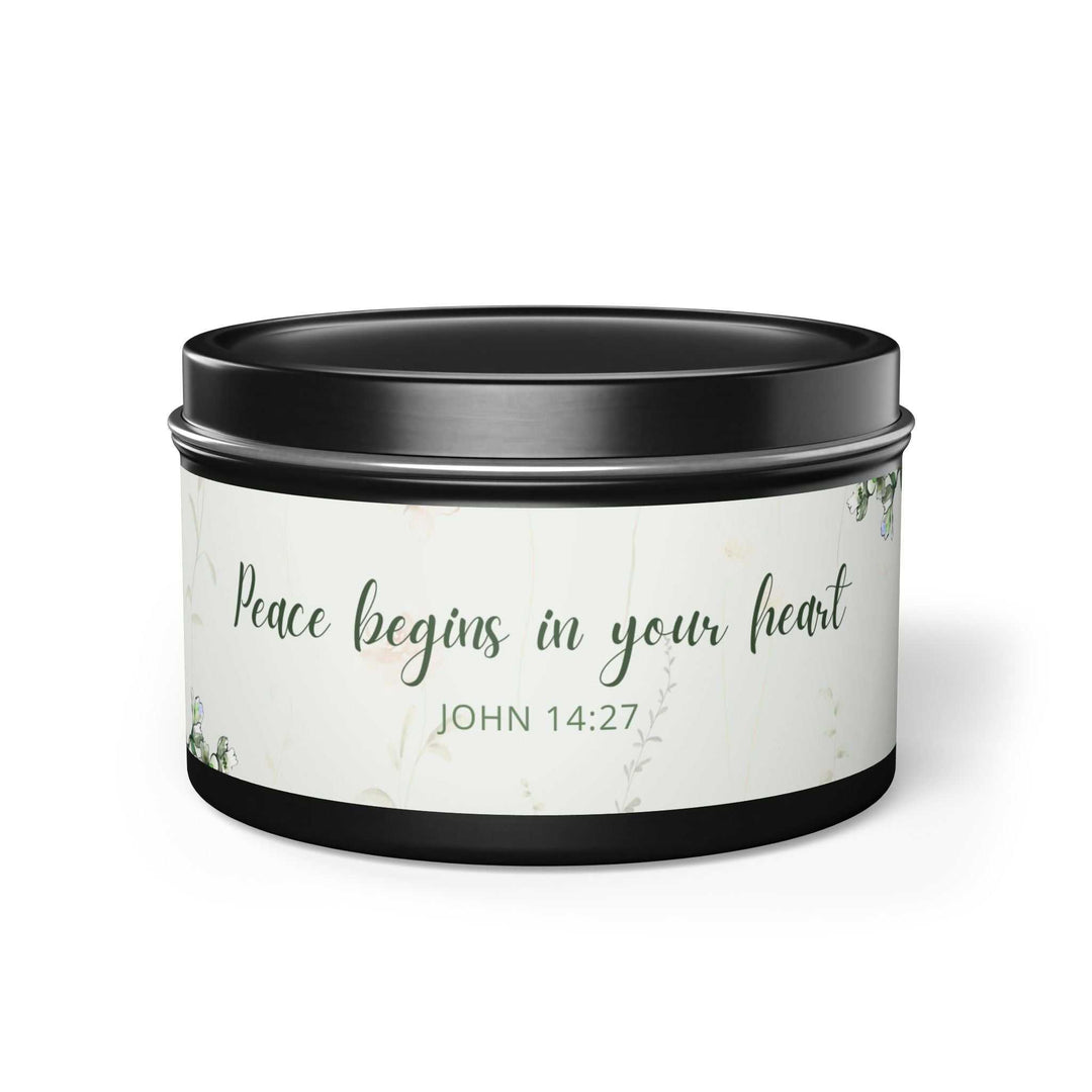John 14:27 tin candle with "Peace begins in your heart" text