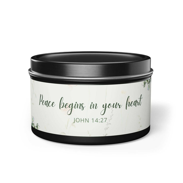 John 14:27 tin candle with "Peace begins in your heart" text
