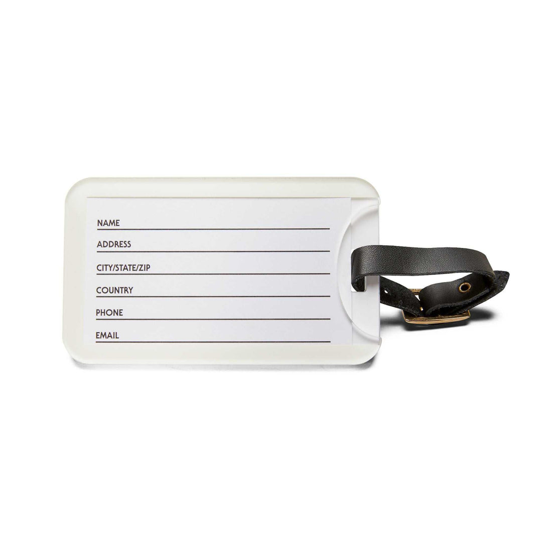 White John 3:16 luggage tag with privacy card and black adjustable leather strap