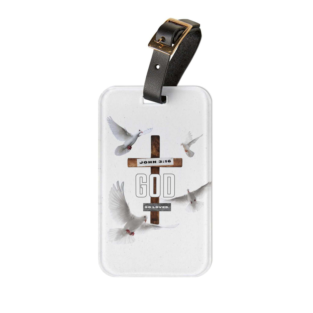 White acrylic John 3:16 luggage tag with cross, doves, and adjustable leather strap