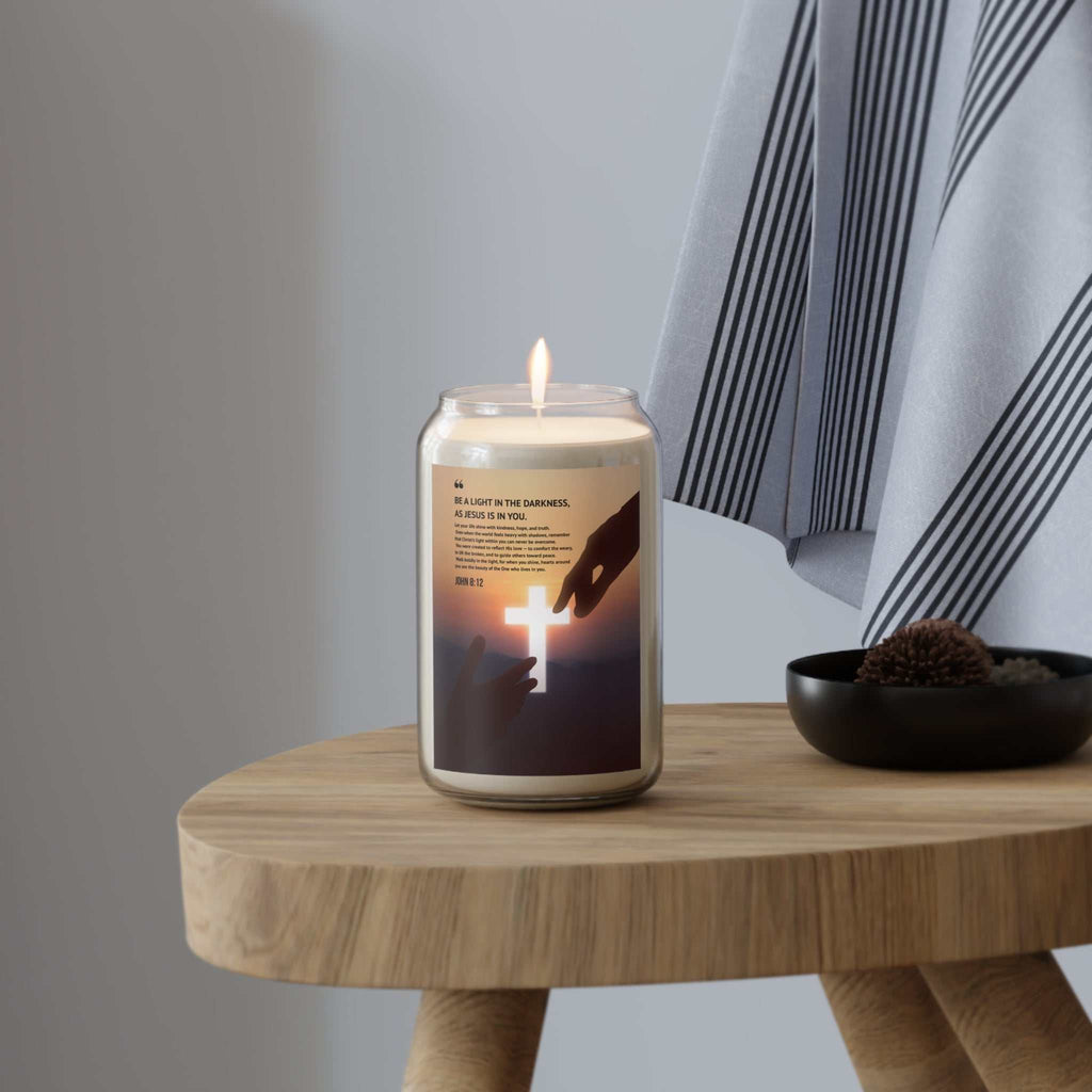 John 8:12 candle with inspirational design