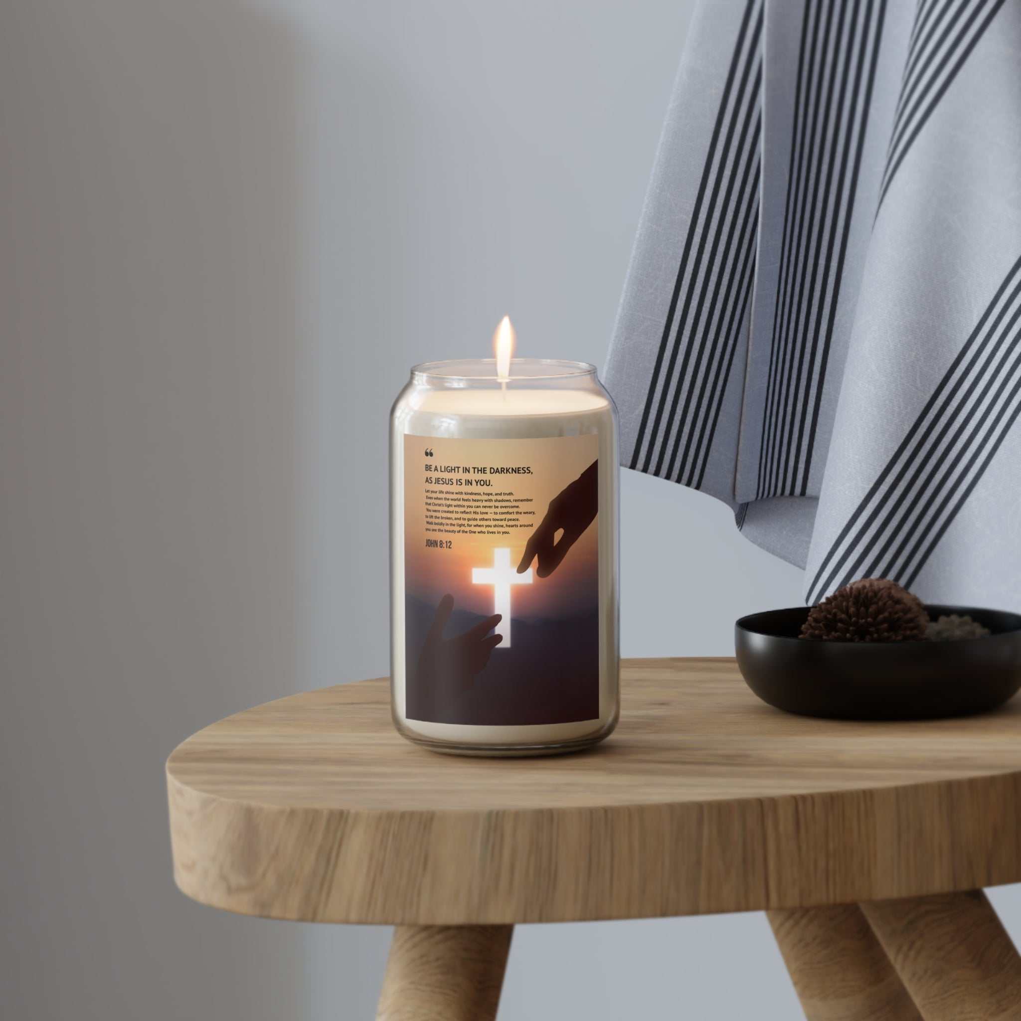 John 8:12 candle with inspirational design