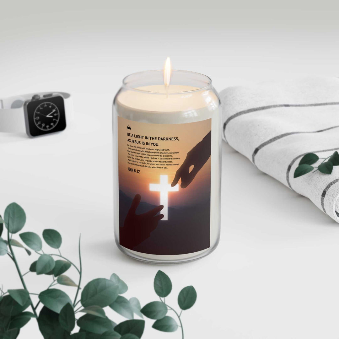 John 8:12 scented soy wax candle with inspirational cross design
