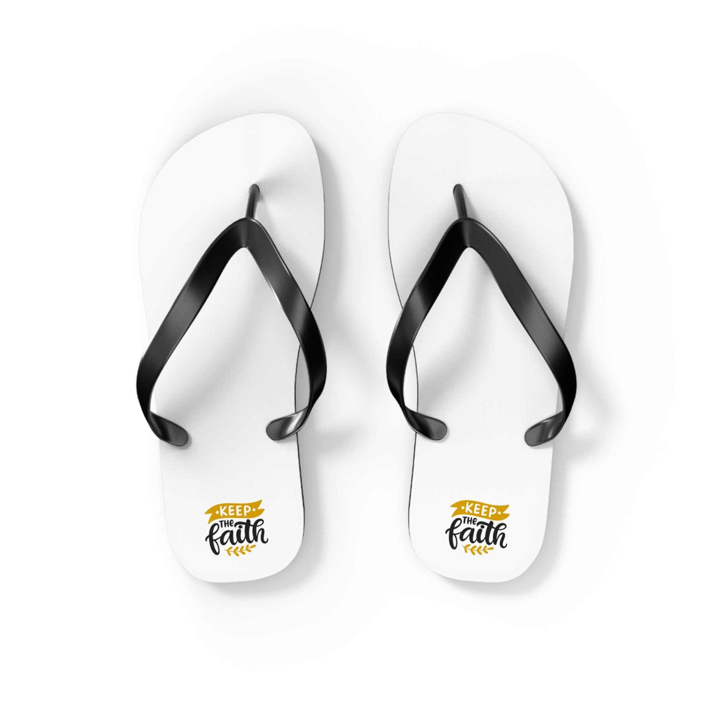 Keep Faith Flip Flops with black straps and white cushioned sole