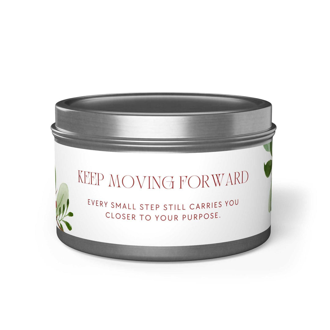 Keep Going Tin Candle in silver tin with motivational label