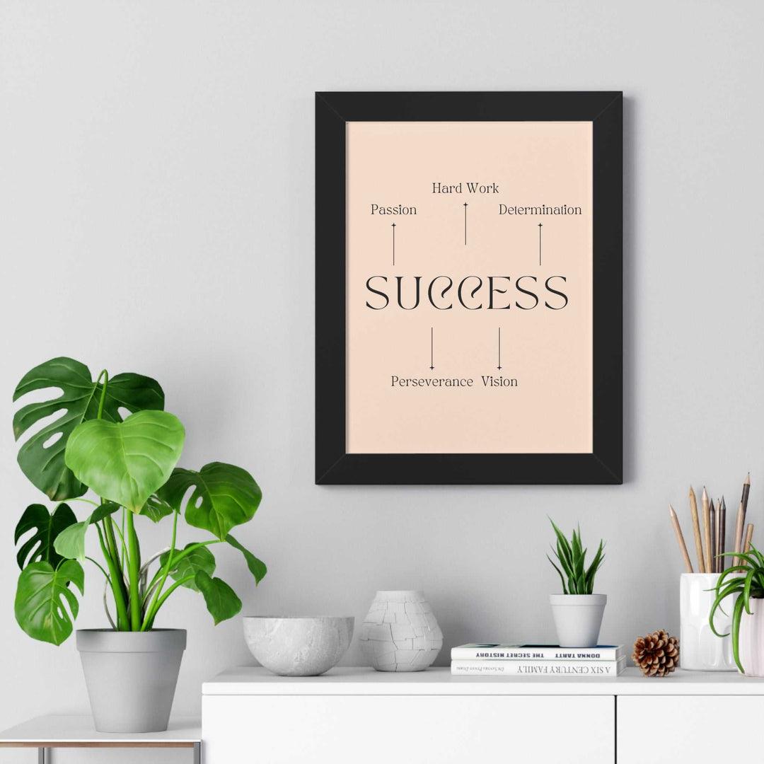Motivational key to success poster with bold design highlighting passion, hard work, determination, perseverance, and vision in a black frame above a modern desk setup.