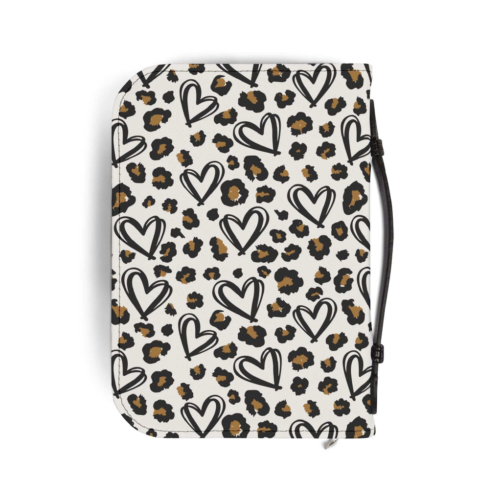 Leopard Bible cover with heart pattern, PU leather, zipper closure