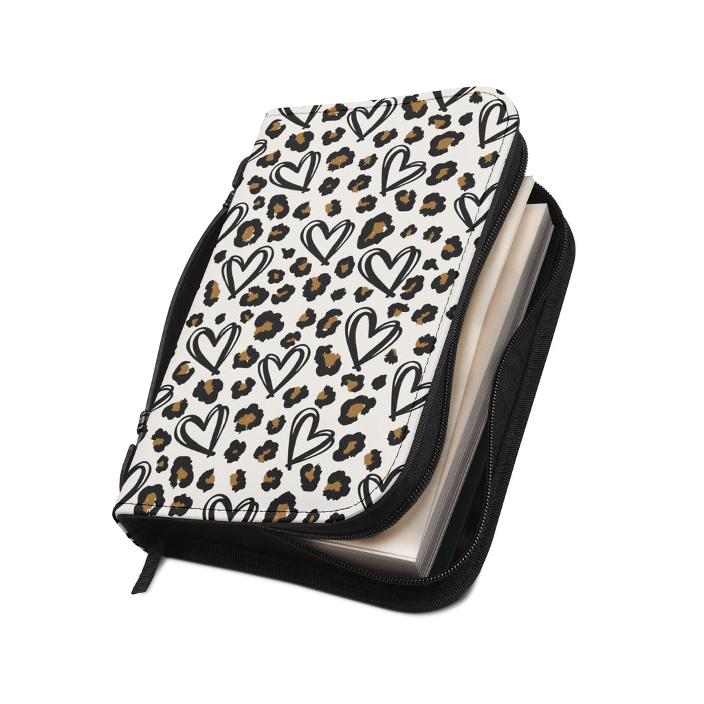 Leopard print Bible cover with heart designs, black handle