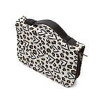 Leopard print Bible cover with hearts, black handle, and zipper