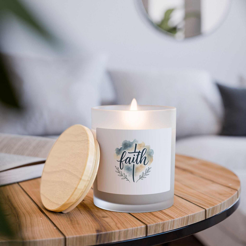 Lit Faith Glass Candle in frosted glass with wooden lid