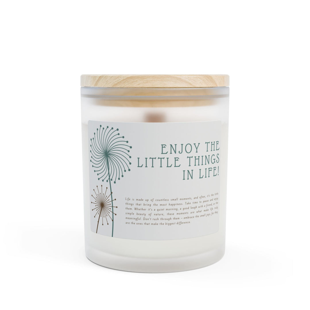 Frosted glass candle with wooden lid, coconut soy wax, wooden wick, natural off-white color, inspirational text label.
