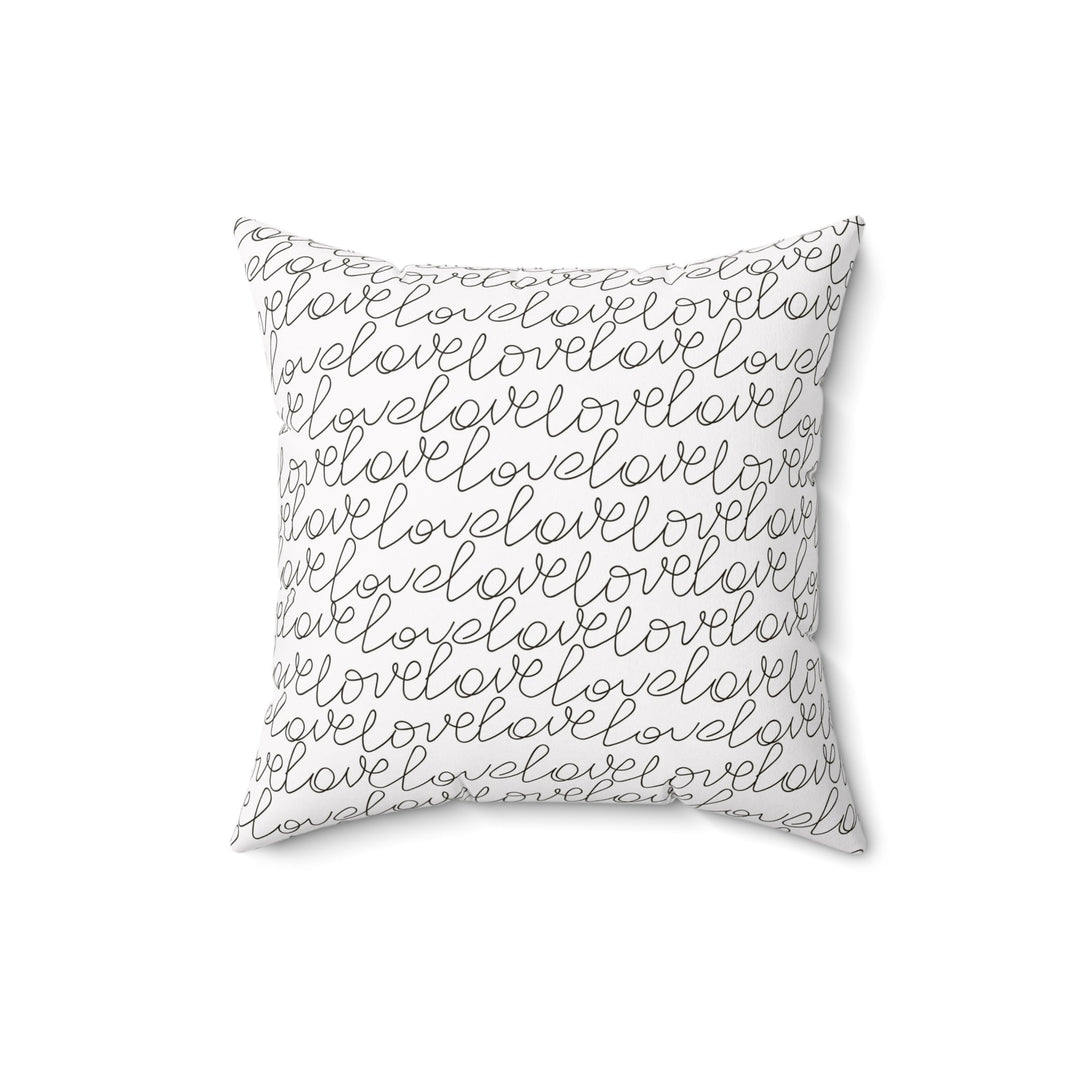 Love Design Pillow with repeated black script text on white background