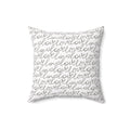 Love Design Pillow with repeated black script text on white background
