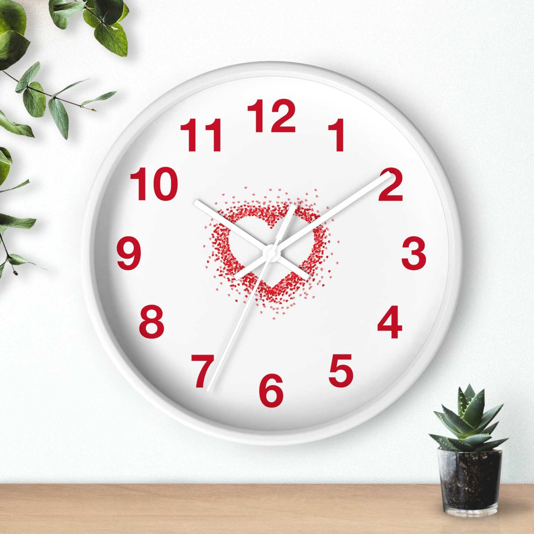 Love Wall Clock with red numbers and heart design on white face