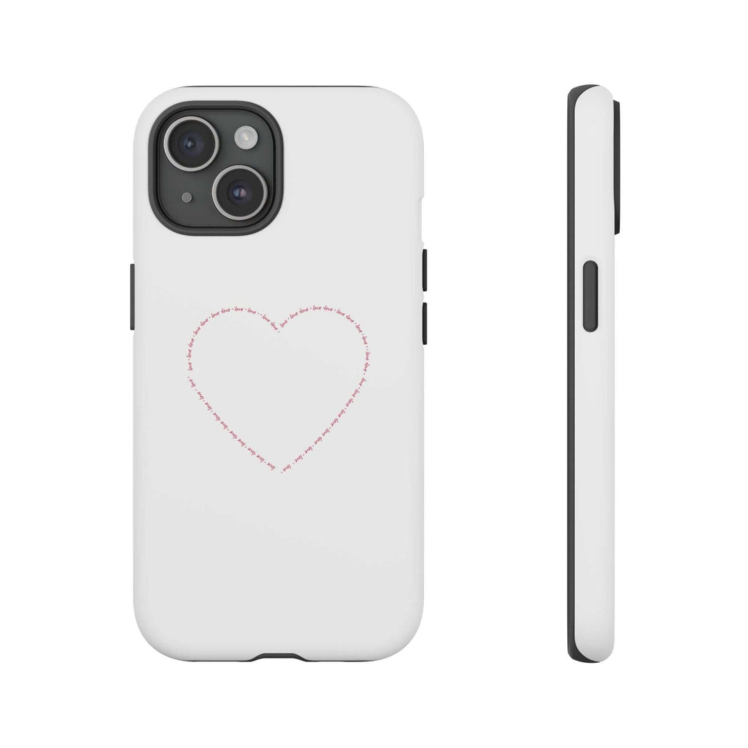 White Love Wins phone case with heart design, durable dual-layer protection, matte finish, and wireless charging support
