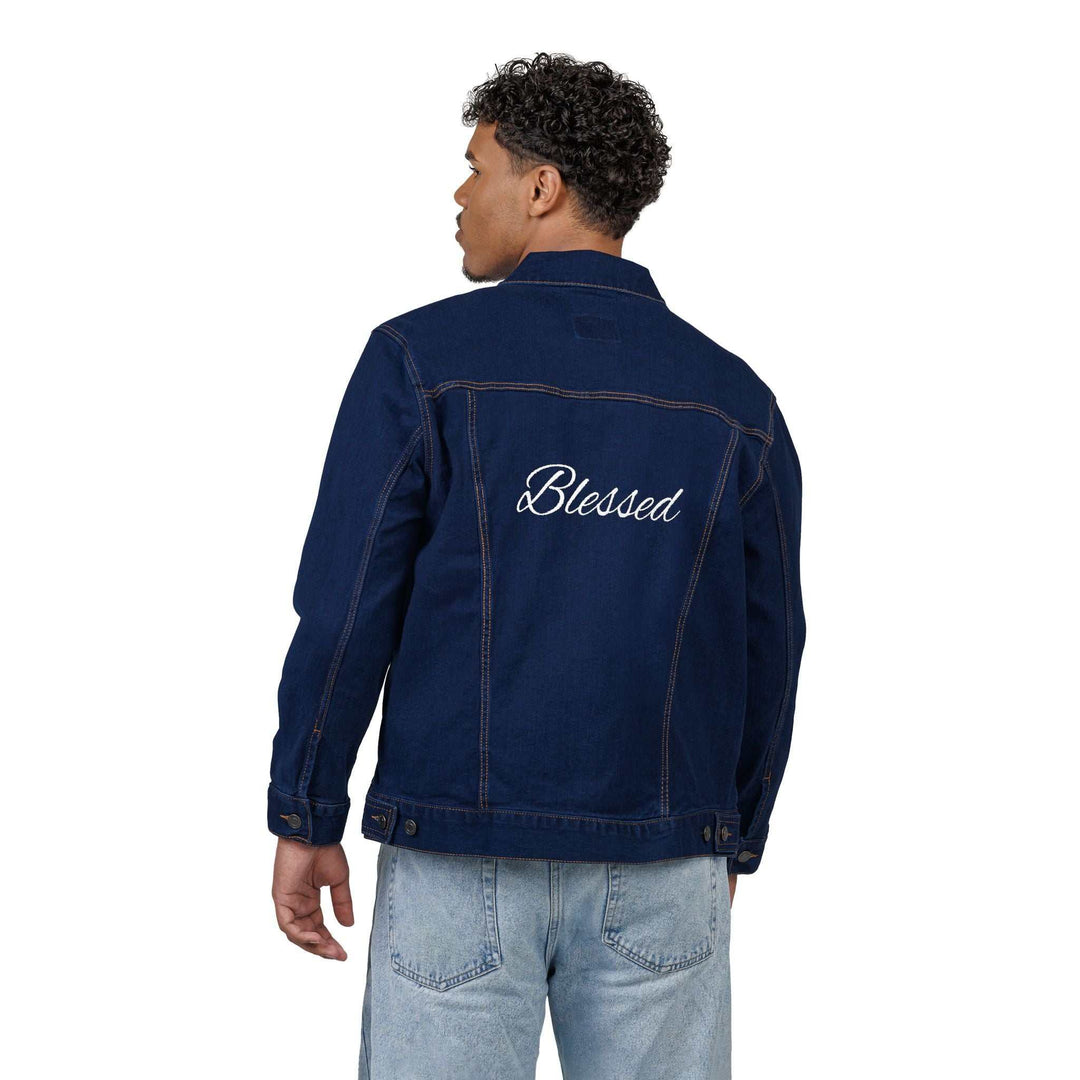 Man wearing dark blue denim jacket with "Blessed" embroidered on the back, paired with light blue jeans, showcasing a stylish and meaningful jacket.