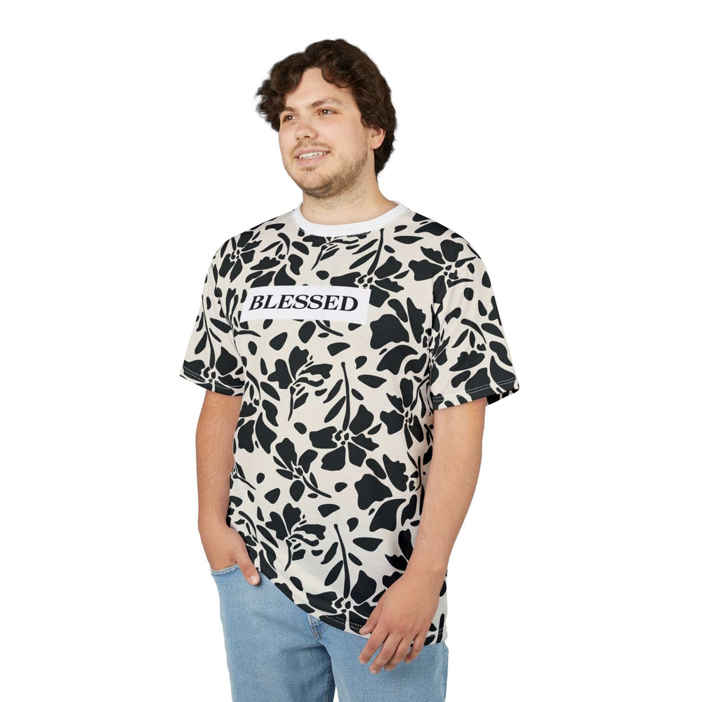 Man wearing Blessed Floral Pattern T-Shirt with black floral design