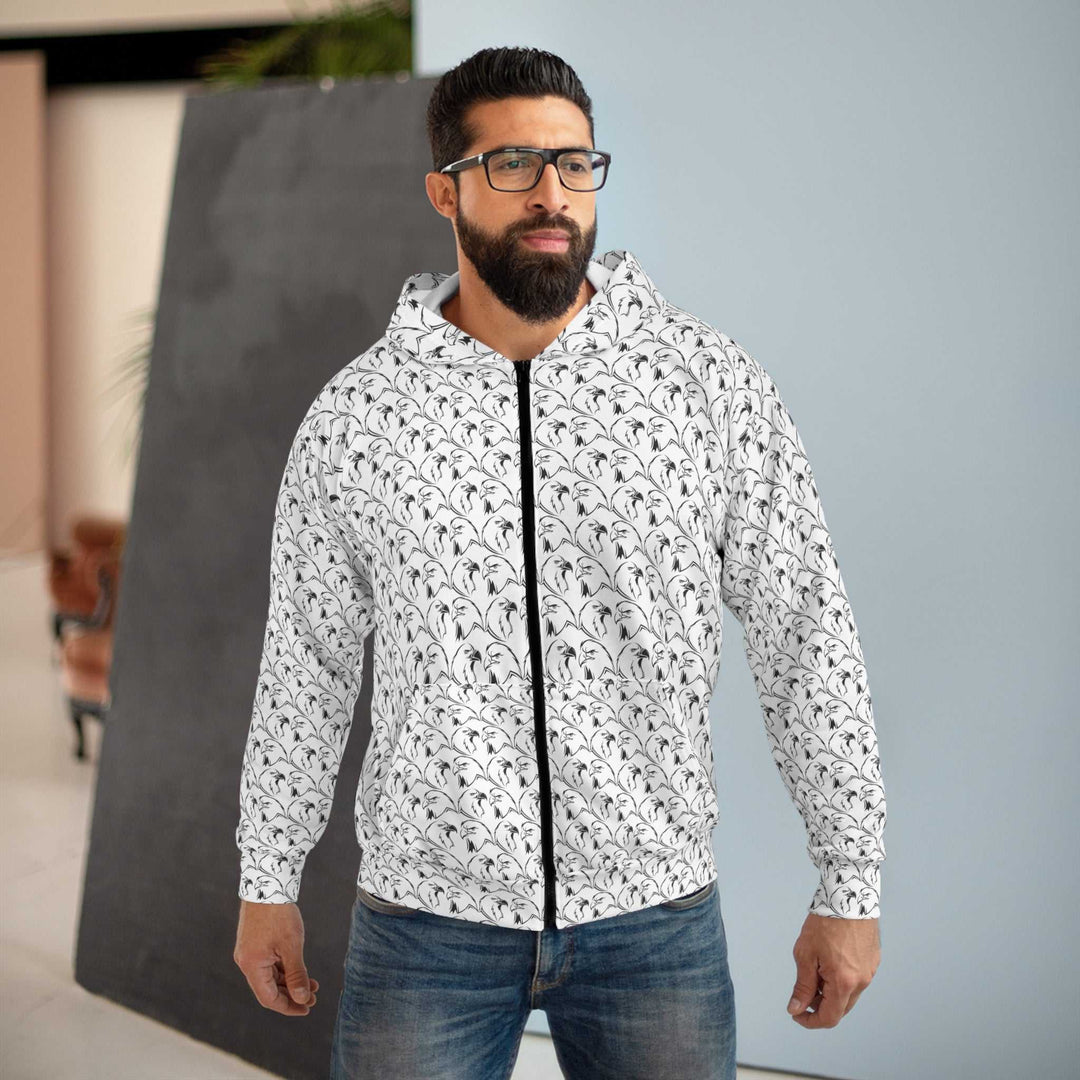 Man wearing Eagles Pattern Zip Hoodie with black zipper