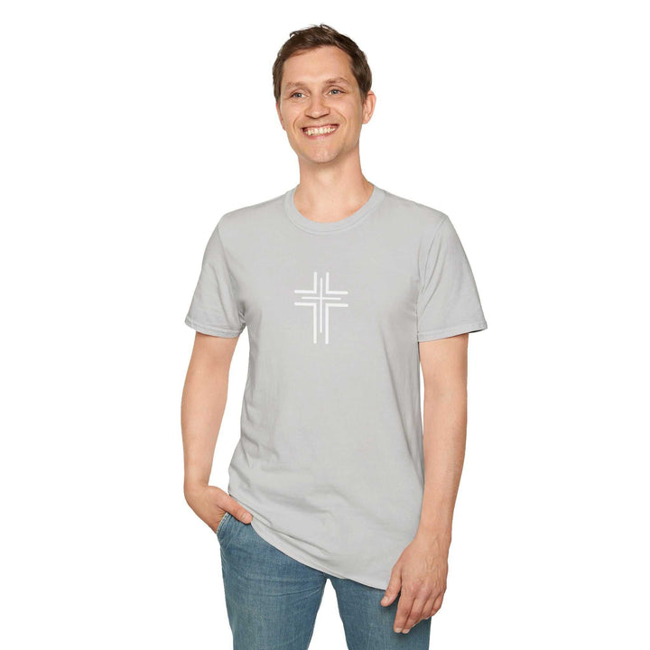 Man wearing a light grey Graphic Cross T-Shirt