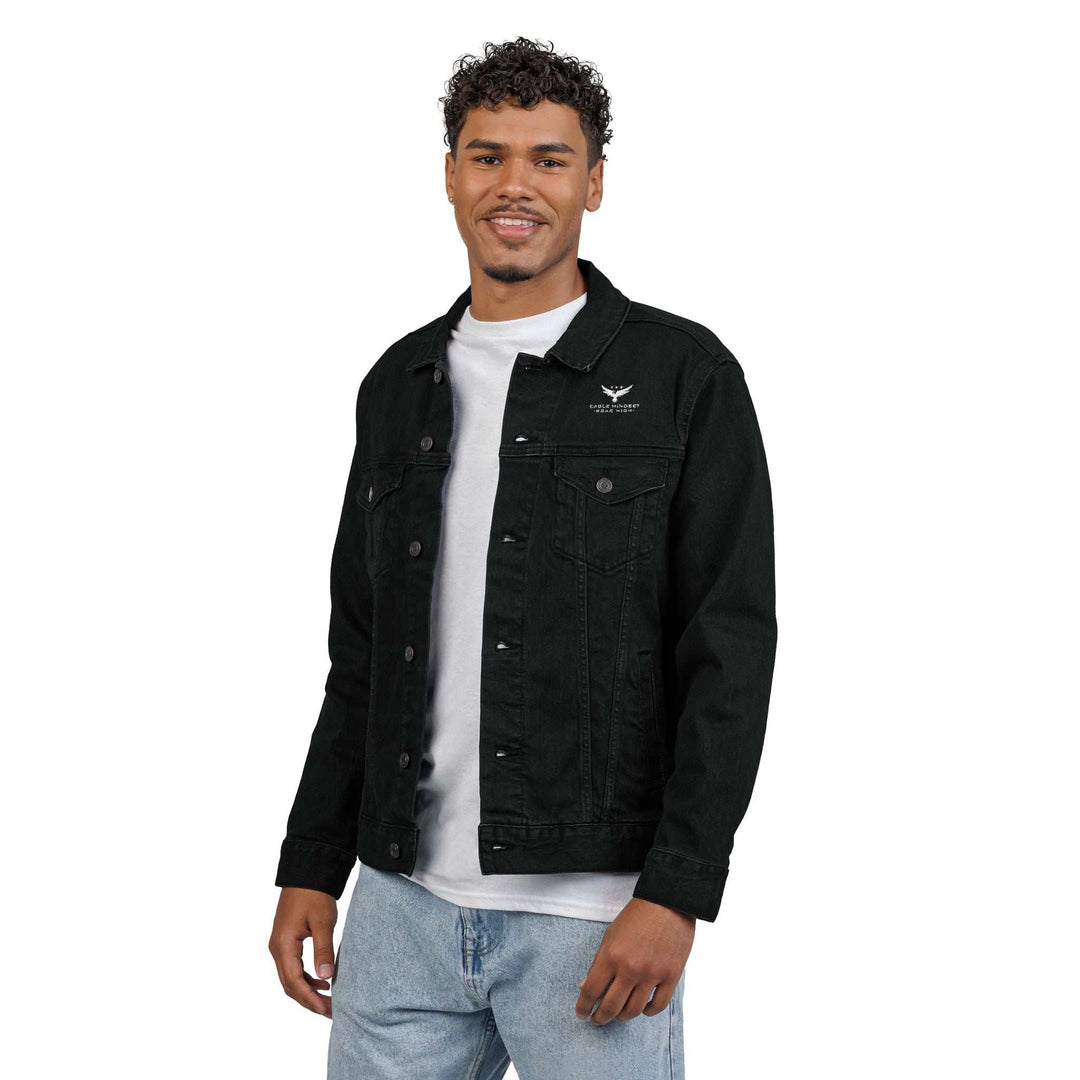 Black Eagle Mindset denim jacket with chest pockets and button closure worn over white shirt by male model